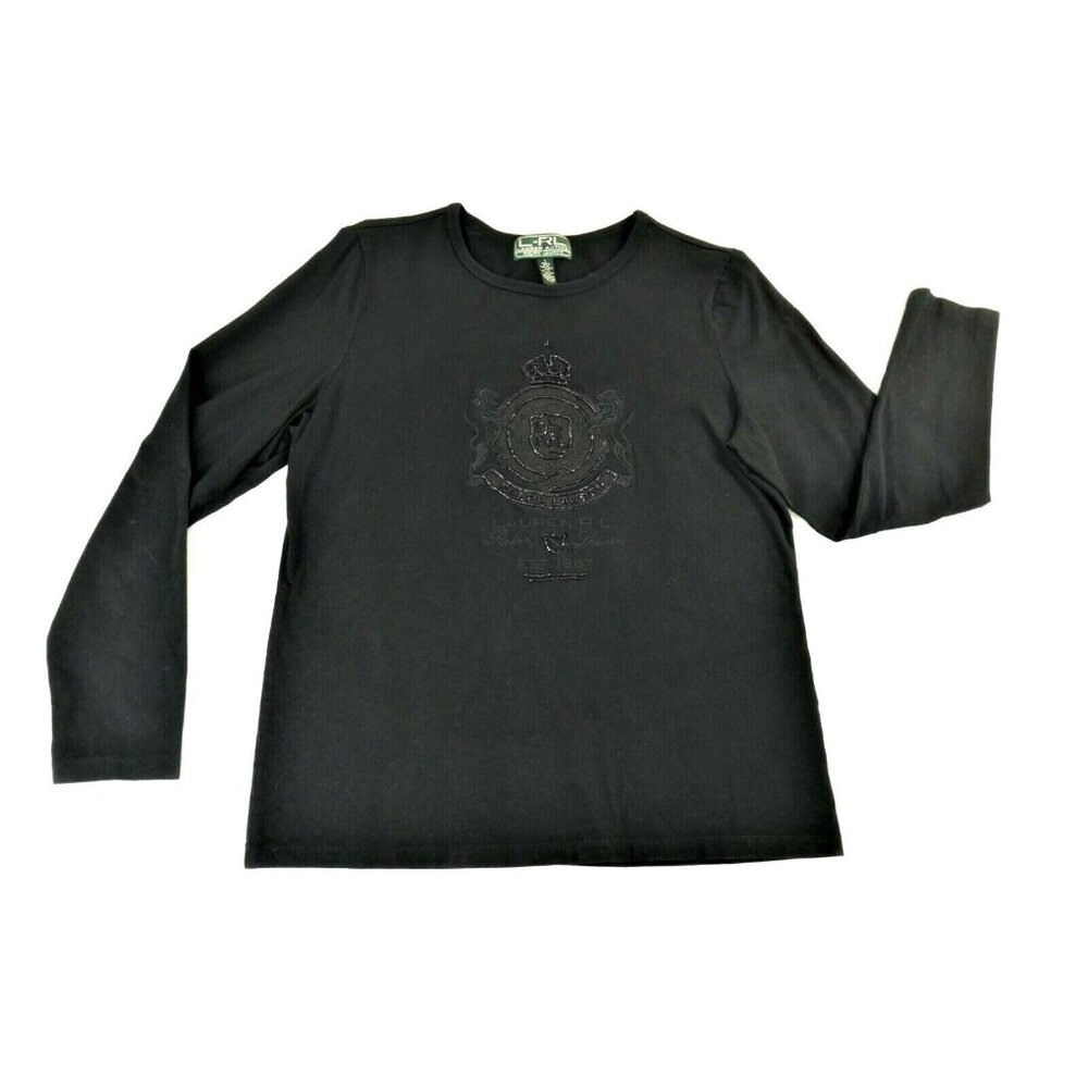 L-RL Ralph Lauren  Active Long Sleeve Embellished Crest Black T Shirt Wms Large